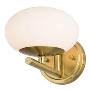 Sloane 6.75 in. W 1-Light LED Gold Vanity Light Satin Brass Mid-Century Modern Wall Sconce Fixture White Glass Globe