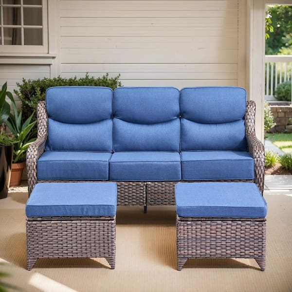 Arcadia 3-Piece Brown Wicker Outdoor 3-Seat Couch with High Curved Back and 6 in. Thick Navy Blue Cushions and Ottomans