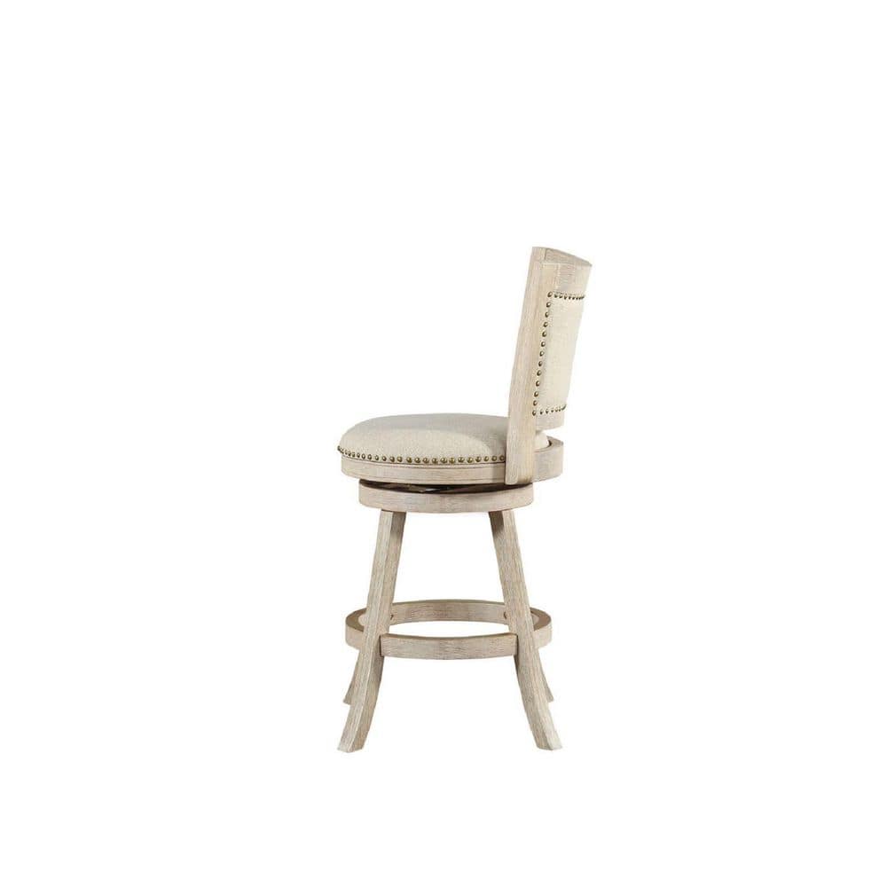 Ivory Linen Upholstered Swivel Counter Stool with Nailhead Trim