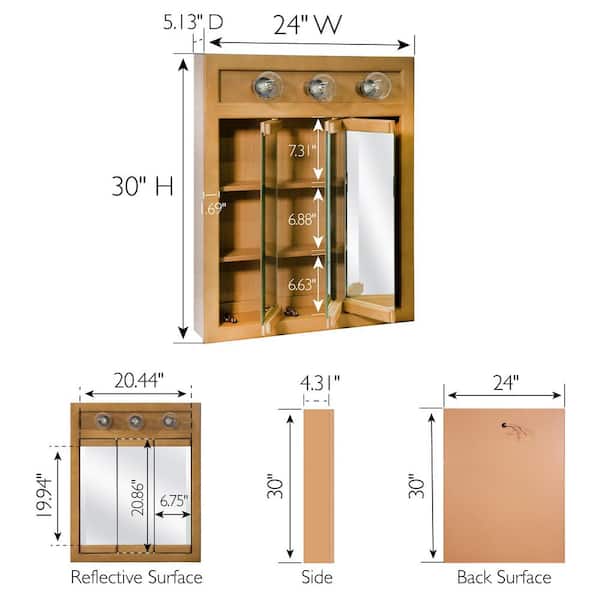 Richland 24 in. W x 30 in. H x 5 in. D Framed 3-Light Tri-View Surface-Mount Bathroom Medicine Cabinet in Nutmeg Oak Richland 24 in. W x 30 in. H x 5 in. D Framed 3-Light Tri-View Surface-Mount Bathroom Medicine Cabinet in Nutmeg Oak