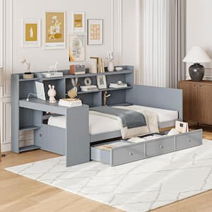 Gray Twin Size Daybed with Built-in Desk, USB Ports, Storage Shelves and Drawers