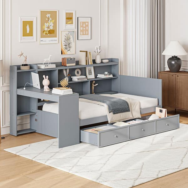 Harper & Bright Designs Gray Twin Size Daybed with Built-in Desk, USB Ports, Storage Shelves and Drawers