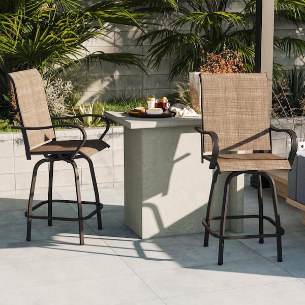 SUNMTHINK 2-Piece Swivel Metal Outdoor Bar Stools Chairs Set Bar Height Patio Bistro Chairs Set Textilene Fabric