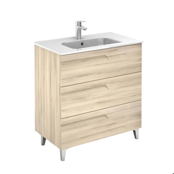 ROYO Vitale 32 in. W x 18 in. D 3-Drawers Vanity in Beige Nature with White Basin
