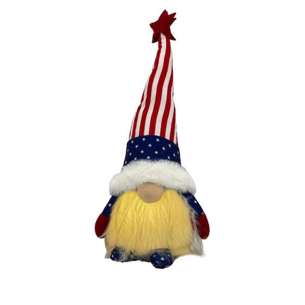 HomeRoots Jute Red White and Blue Fabric Standing Gnome Tabletop Sculpture with LED