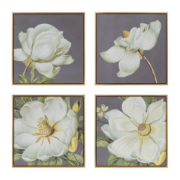 Benjara White, Gray and Green Wooden Framed Flower Wall Art (Set of 4)