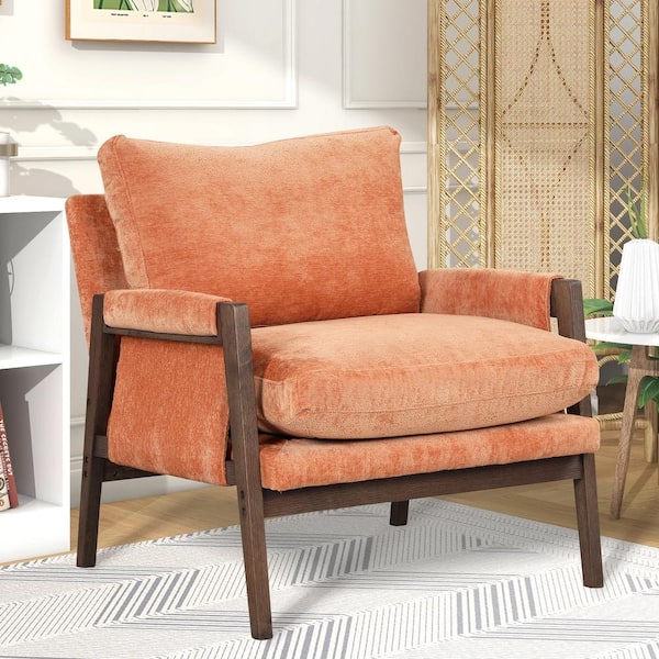 Polibi Mid-Century Modern Orange Velvet Accent Chair with Solid Wood and Thick Seat Cushion