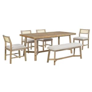 6-Piece Retro Natural Wood Wash Wood Top Dining Room Set Seats 5