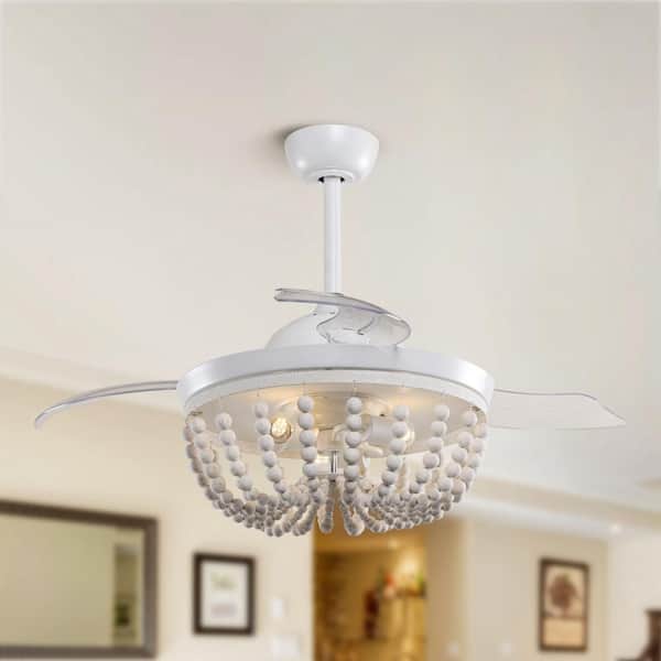 Parrot Uncle Huang 42 in. Indoor Wooden Beads Retractable 3-Blade White Ceiling Fan Chandelier with Light Kit and Remote Control