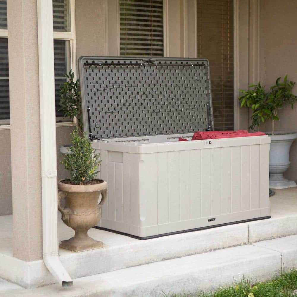 Tan and Brown Lockable 116 Gallon Plastic Deck Box