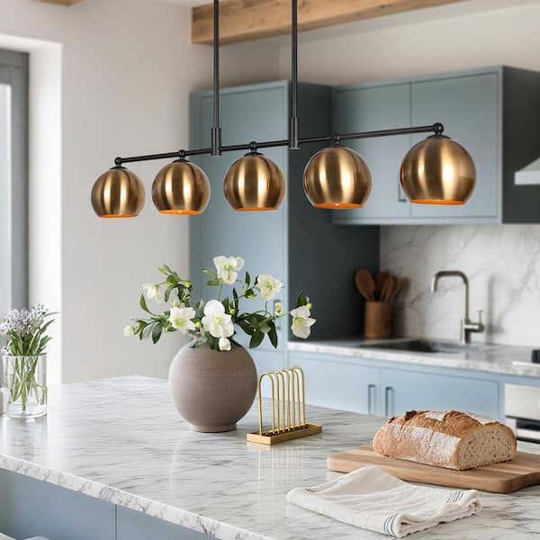 Zevni 38.5 in. 5-Light Mid-Century Modern Black Pendant Light for Kitchen Island, Brass-Plated Globe Shade Linear Chandelier