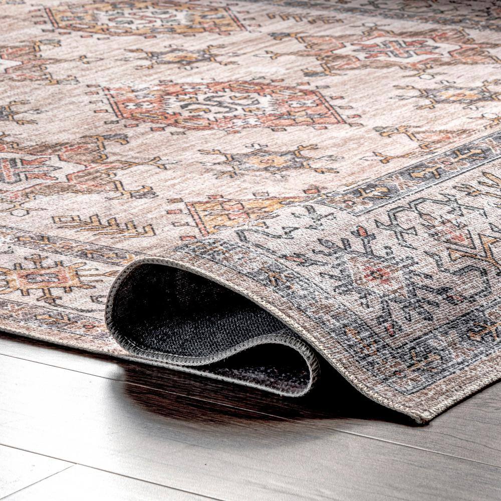 Finley Beige Round Machine Washable Synthetic Area Rug