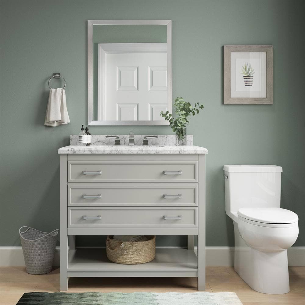 Grey Pine Wood Single Sink Bathroom Vanity with Carrara Marble Top