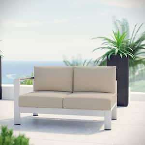 Shore Patio Aluminum Left Arm Outdoor Sectional Chair Loveseat in Silver with Beige Cushions