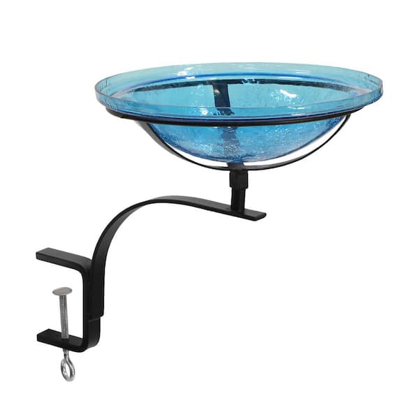 Reflective Crackle Glass Birdbath Bowl With Rail Mount Bracket, 12.5 in. dia. Teal Blue