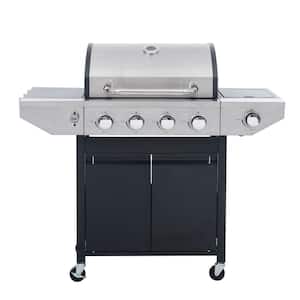 46700 BTU 4-Burner Propane Gas Grill with Side Oven and Condiment Rack and Thermometer, Silver, Stainless Patio Heater