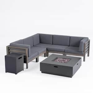Malawi Grey 7-Piece Wood Patio Fire Pit Sectional Seating Set with Dark Grey Cushion and Dark Grey Fire Pit