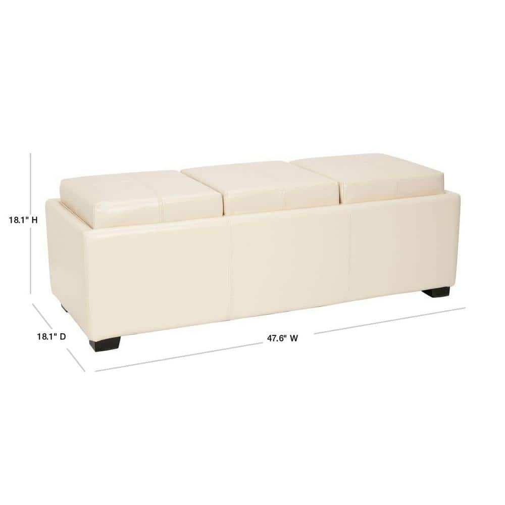 Flat Cream Leather Triple Tray Ottoman with Birch Wood