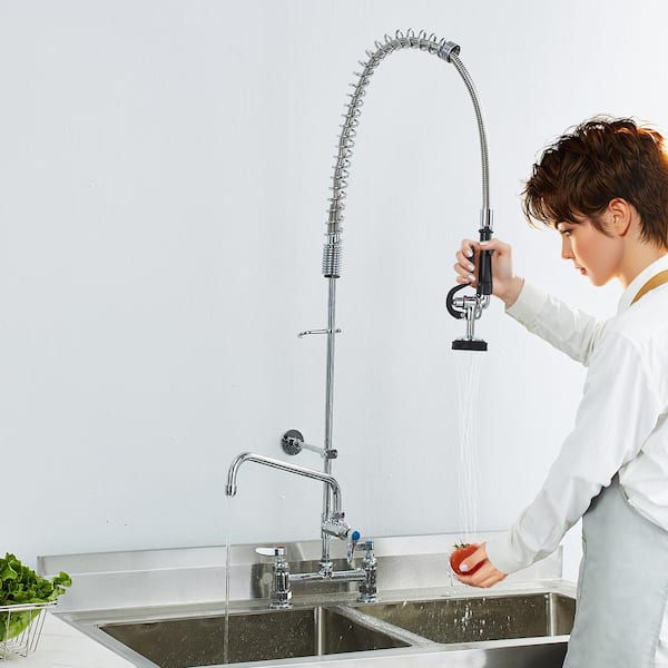 Commercial Faucet 44 in. Double Handle Pull Down Sprayer Kitchen Faucet for 1/2/3 Compartment Sink, Silver