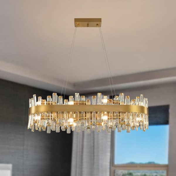 35.5 in. Dimmable 16-Light Crystal Chandelier Modern Gold Rectangular Chandelier with Clear and Crystal Accents