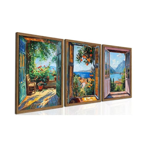 Mediterranean Series Wood Framed Canvas Print Set of 3 Coastal Fauvism Landscape Art Print 16 in. x 12 in.
