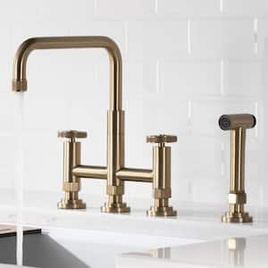 Urbix Double Handle Industrial Bridge Kitchen Faucet with Side Sprayer in Brushed Gold