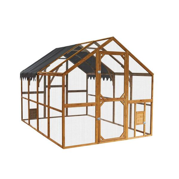 Unbranded 110.5 in. x 74.25 in. x 72.52 in. Large Wood Walk-In Coop with Run and Waterproof Cover, OutdoorKitten Playpen, Brown