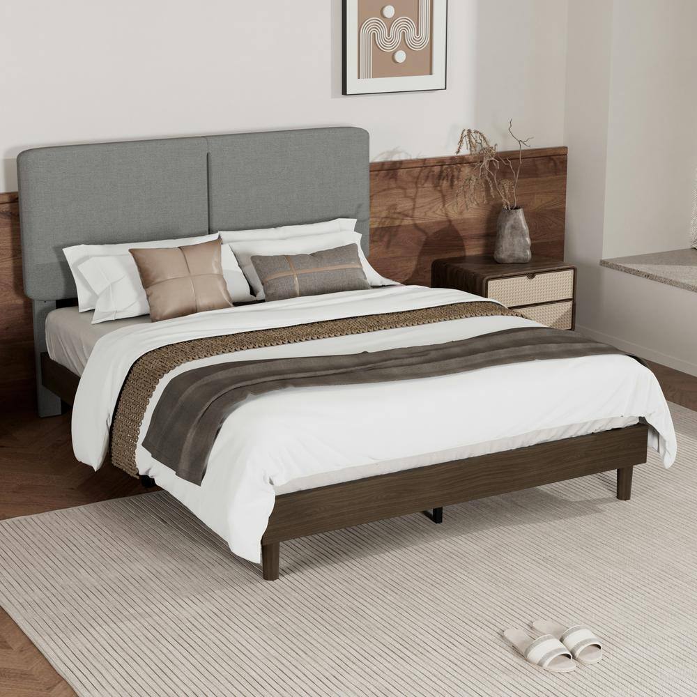 Upholstered Bed Frame with Linen Fabric Headboard, Strong Wood Slats Supports Platform Bed, Queen Size Bed, Beige - thumbnail 4