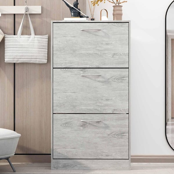 FUFU&GAGA 22.4 in. W x 42.1 in. H 18-Pair Gray Wood 3-Drawer Shoe Storage Cabinet with Foldable Compartments