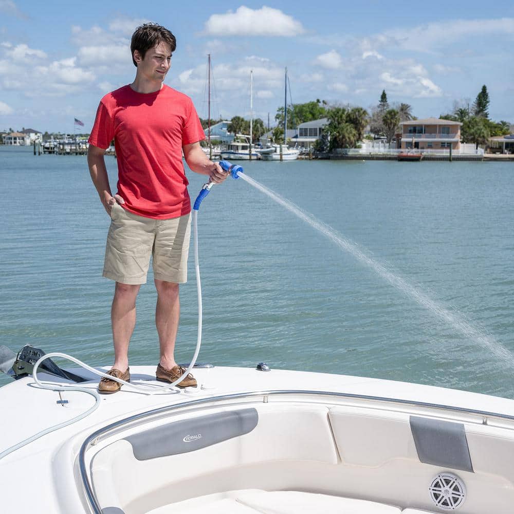 White and Blue Expandable Marine Hose with Spray Nozzle, 25 ft