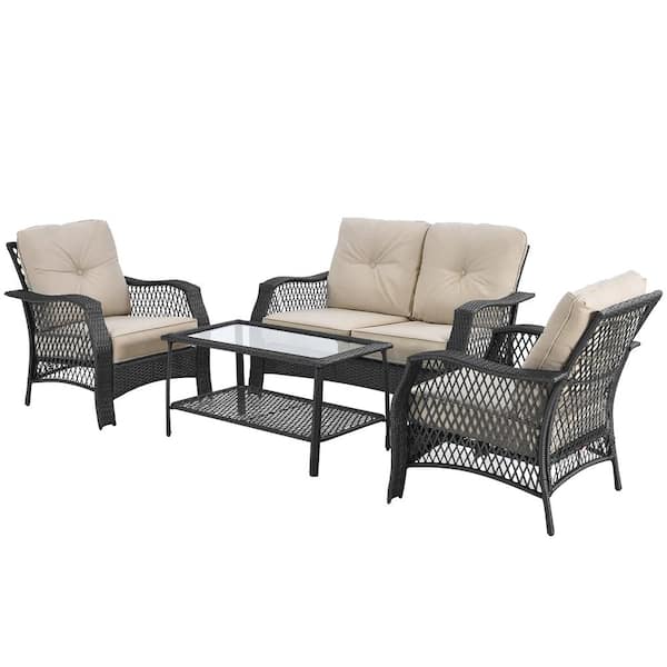 Costway 4-Pieces Metal Patio Wicker Furniture Set Loveseat Sofa Coffee Table with Beige Cushion