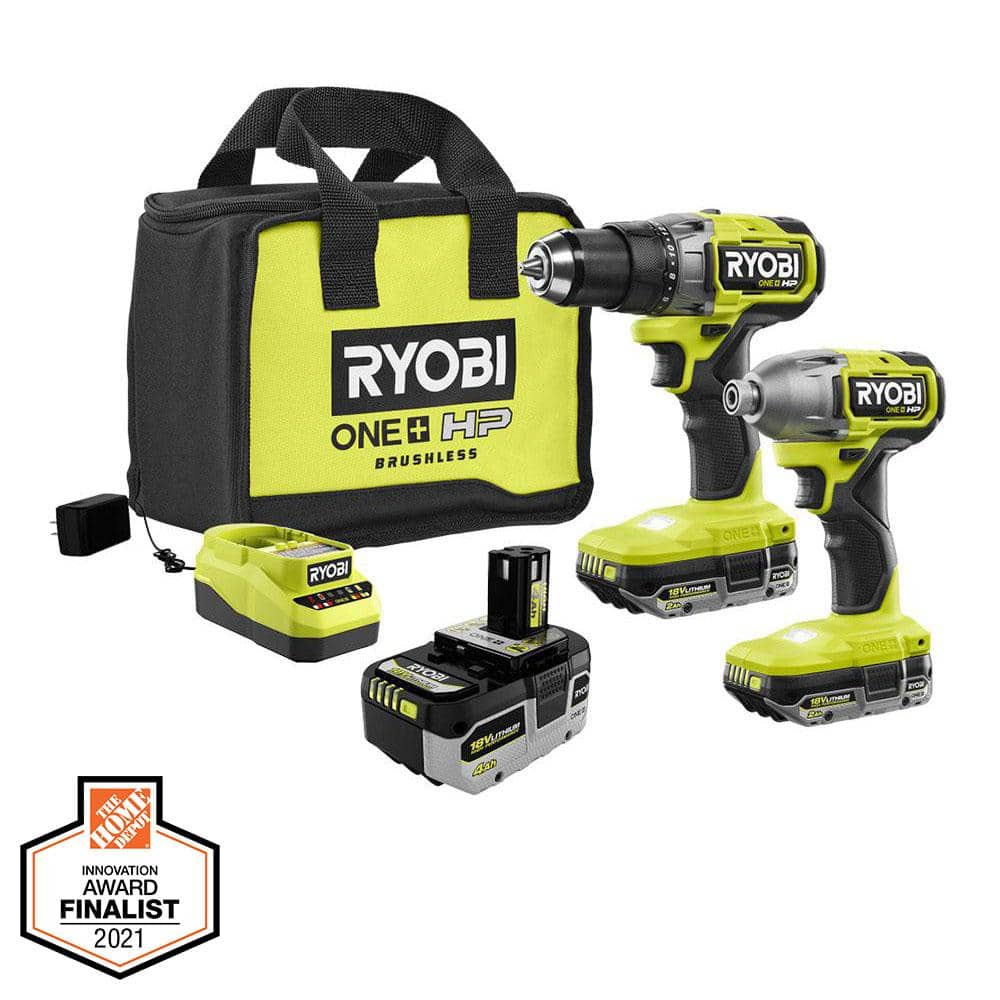 RYOBI ONE+ HP 18V Brushless Cordless 3-Tool Combo Kit w/Drill/Driver, Impact Driver, 4.0 Ah Battery, Batteries, Charger & Bag -  PBLCK01K-PBP004