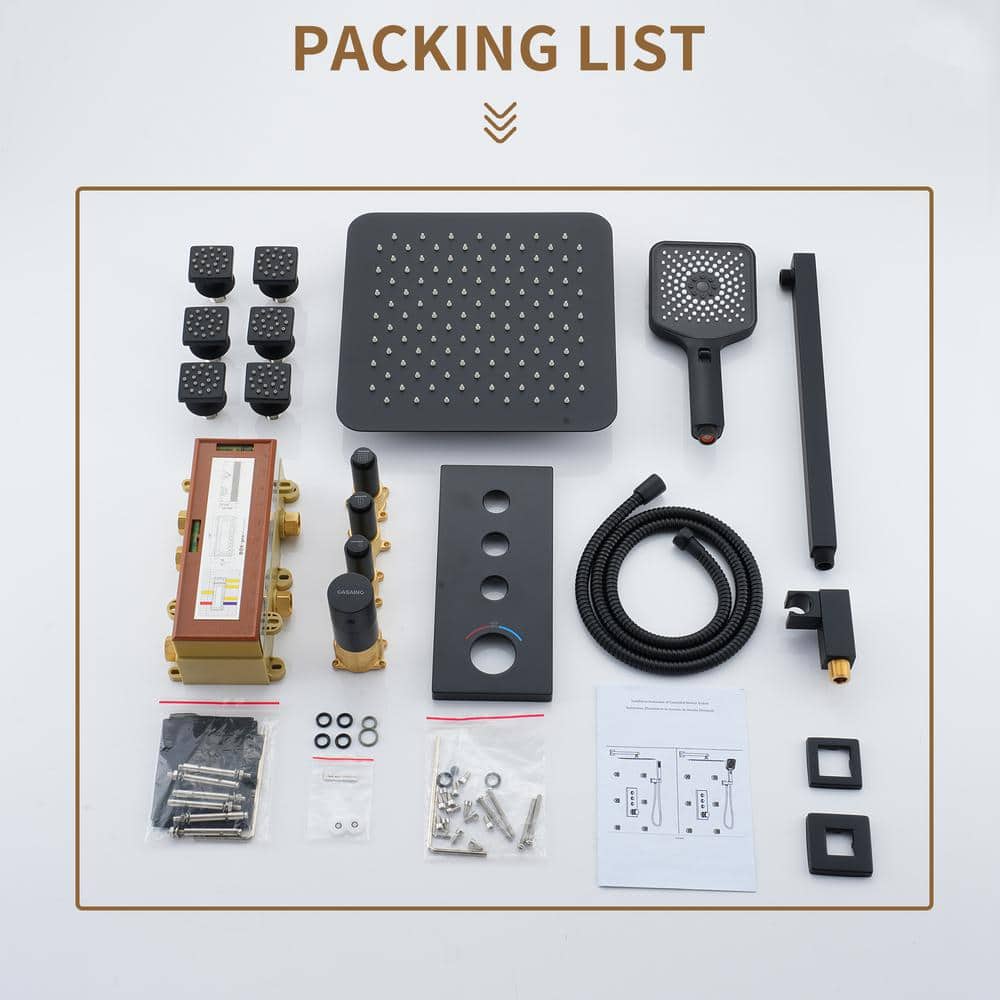 Matte Black 12-Inch Wall Mount Shower System with 6 Body Jets