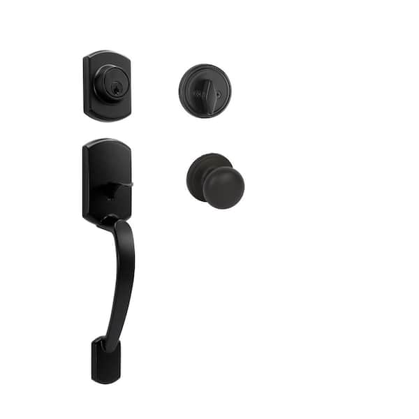 Katana Grade 2 Black Single Cylinder Entry Door Handleset with Aubryn Knob