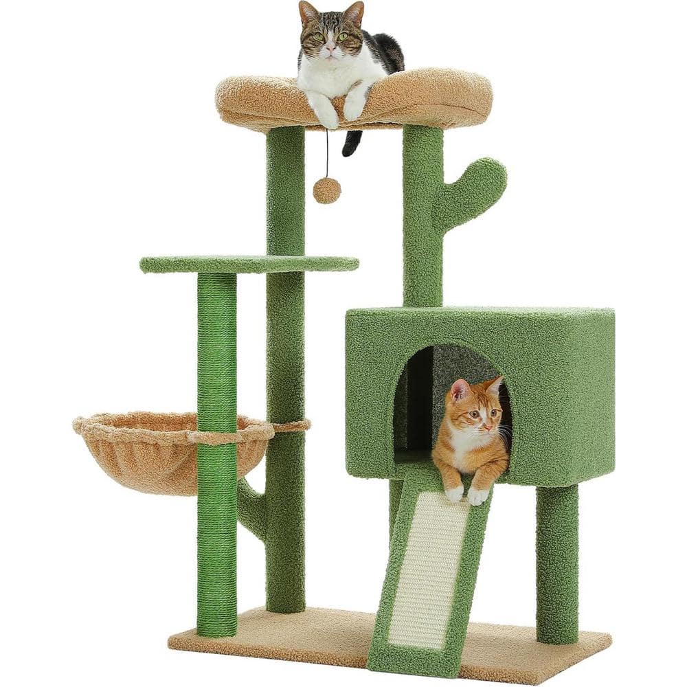 41-Inch Green and Beige Sisal Cactus Cat Tower with Cozy Condo