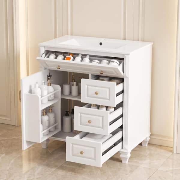 White 30 Inch Bathroom Vanity with Sink Flip-Out Drawer 3 Drawers and Storage Cabinet,