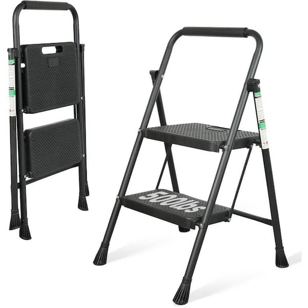 2-Step 2.10 ft. Reach Steel Portable Folding Step Stool with Wide Anti ...