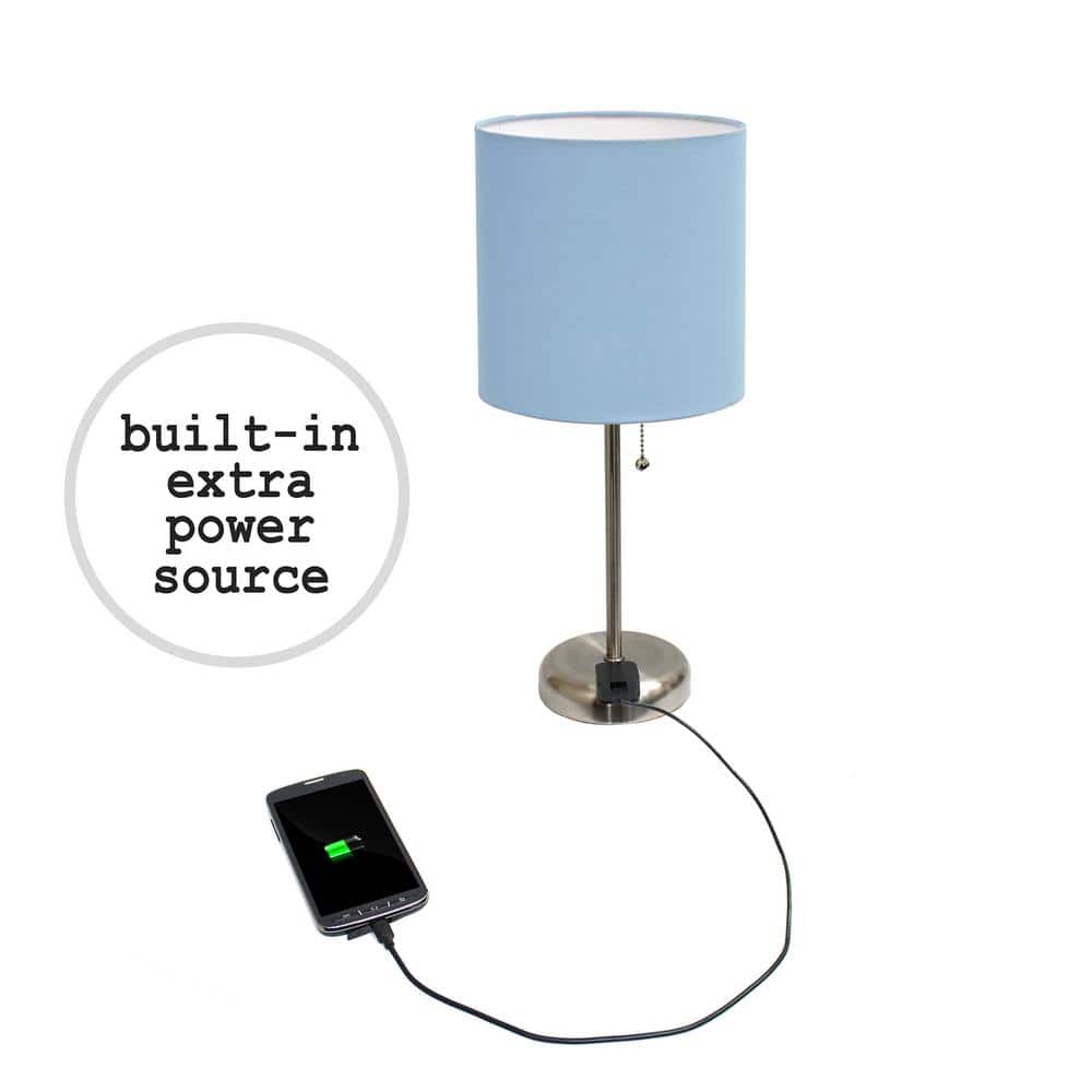 Blue Fabric Shade Table Lamp Set with Charging Outlet, 19.5"