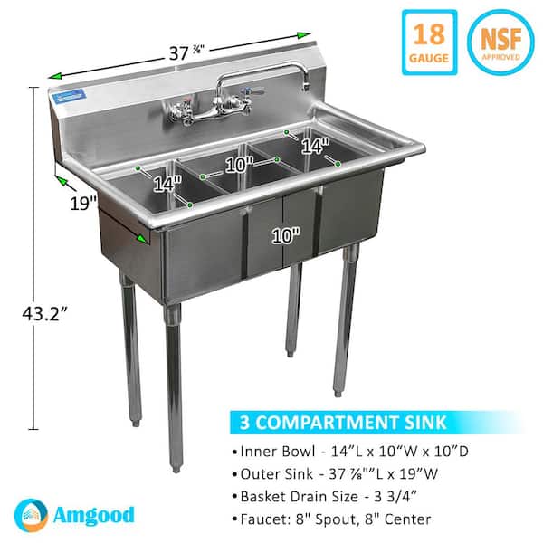 AMGOOD 19 in. x 37 in. Stainless Steel Sink - 3 Compartment Sink