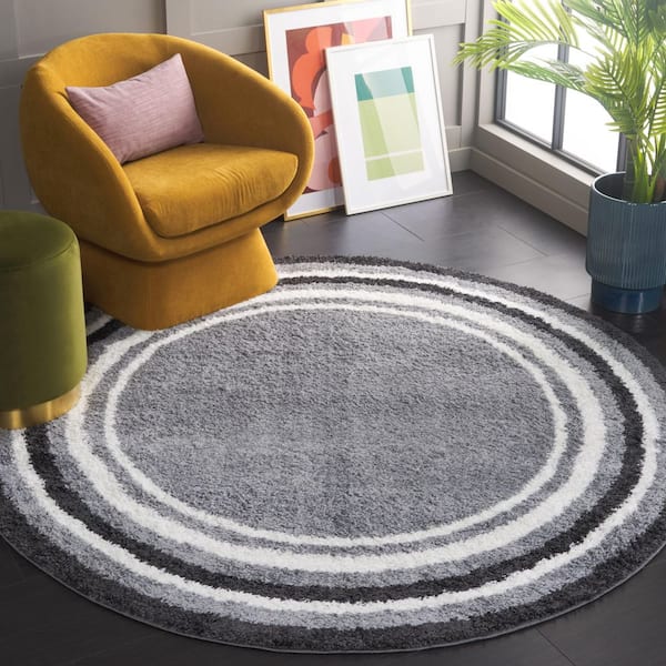 Border and Stripe Shag 7 ft. x 7 ft. Gray/Black Concentric Border Round Area Rug