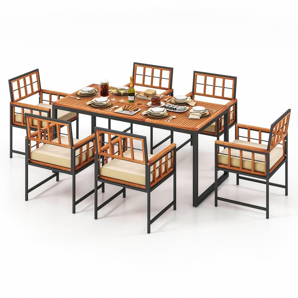 7-Piece Beige Cushion Acacia Wood Outdoor Dining Set