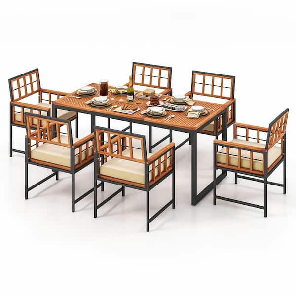 7-Piece Acacia Wood Outdoor Dining Set with Beige Cushions