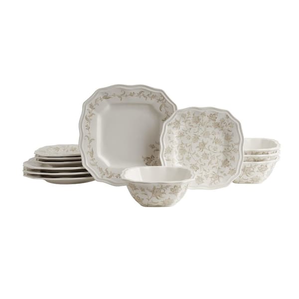 Batik Toile Taupe Porcelain 12-Pieces Dinnerware Set