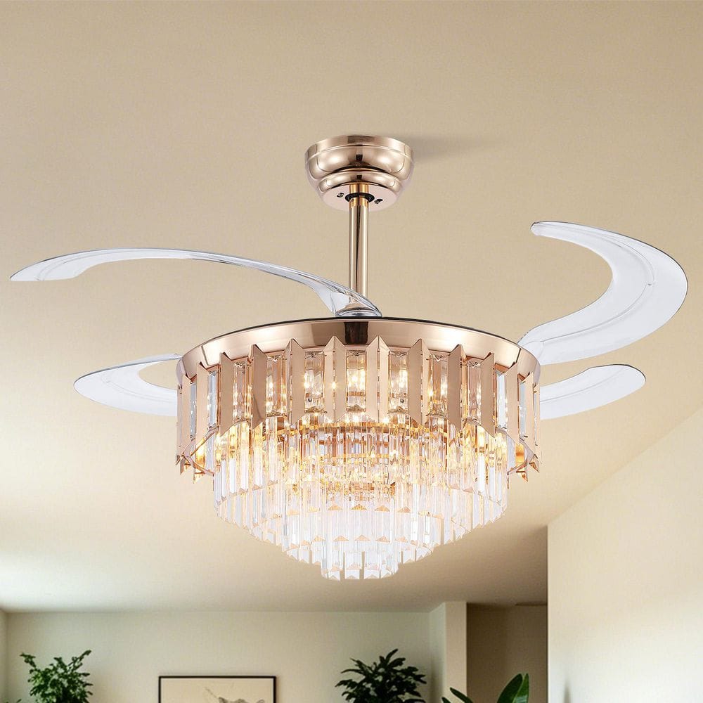 48 in. Indoor Modern Retractable Gold Crystal Ceiling Fan with Light Kit and Remote Control price history on PriceWatchPro