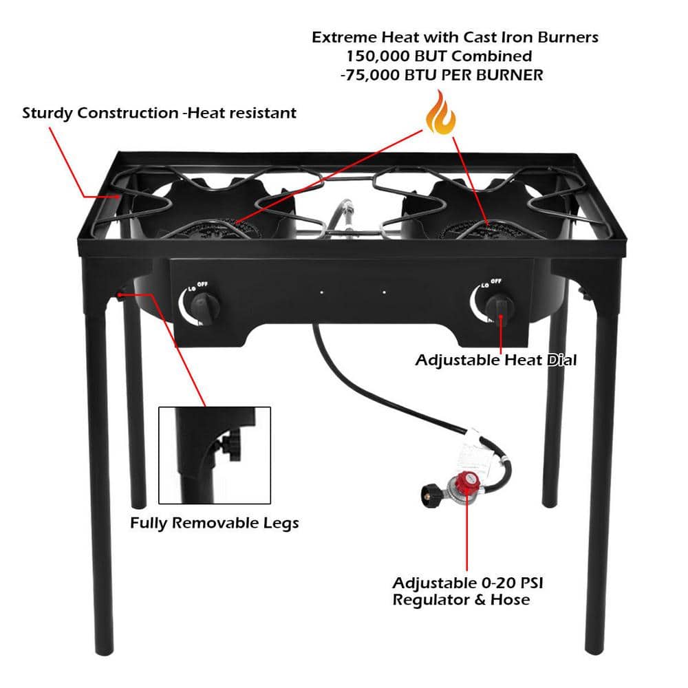 Black Cast Iron Double Burner Outdoor Gas Stove
