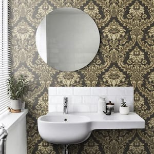 Traditional Damask Gold/Beige Metallic Finish Vinyl on Non-woven Non-Pasted Wallpaper Roll
