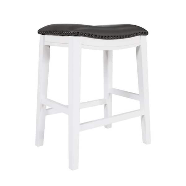 Benjara 25 in. White and Gray Backless Wood Frame Bar Stool with Faux Leather Seat (Set of 2)