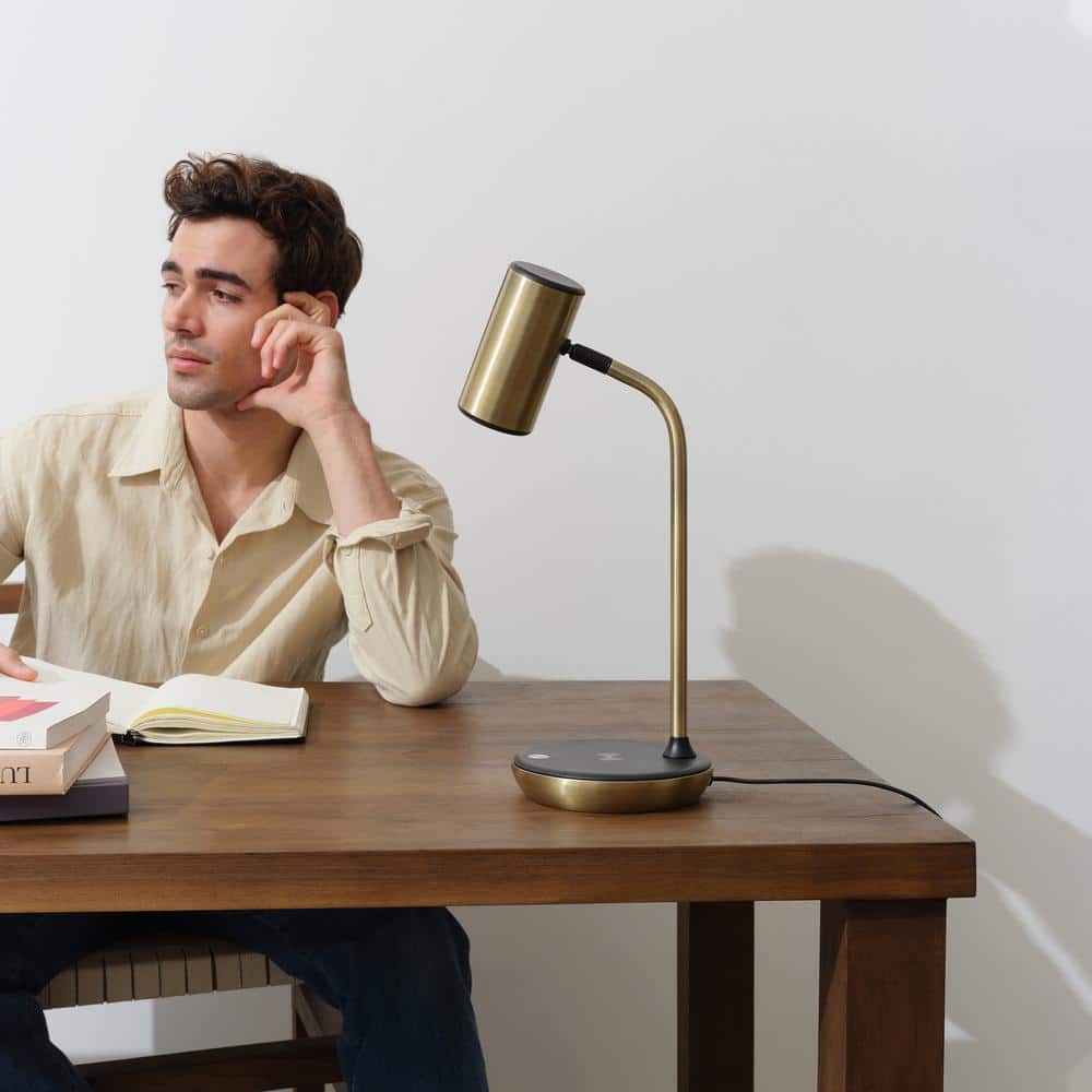 Ezra Antique Brass Adjustable LED Desk Lamp with Wireless Charging Pad