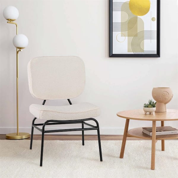 White Fabric Upholstered Accent Casual Side Chair with Sponge Padding Adjustable Foot Pads and Metal Frame