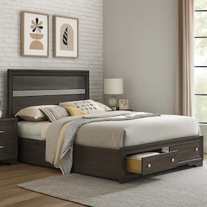 Brown and Silver Wooden Frame Queen Platform Bed with Plank Headboard and 2 Drawers